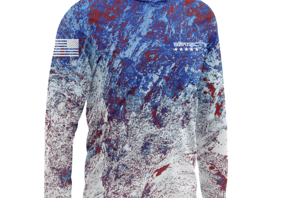 Patriotic-themed hoodie with abstract red, blue design.